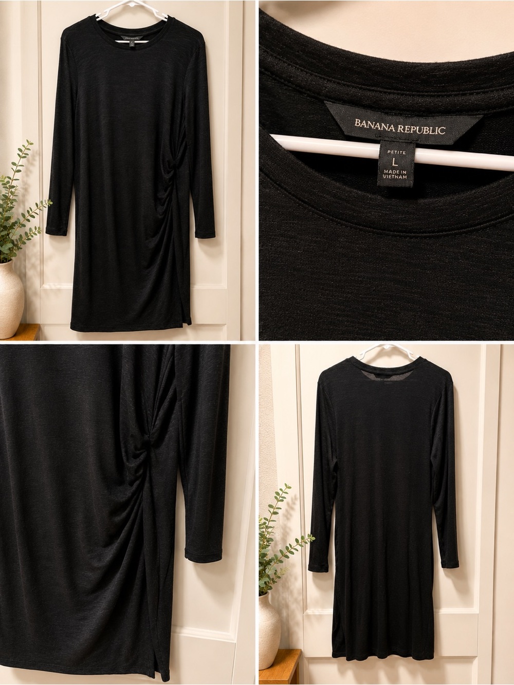 Banana Republic Black Long-Sleeve Ruched-Side Sweater Dress